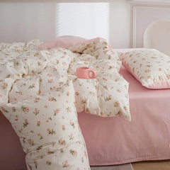 Pink Flowers Duvet Cover Set Ins Single Queen Size Girls Boys Flat Sheet Pillowcase No Filler Home Decor Bedding Set