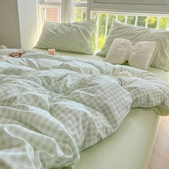 Green Nordic Bedding Set Ins Plaid Girls Boys Double Queen Size Duvet Cover Flat Sheet Pillowcase No Filler Bed Linens