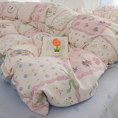 Pink Flowers Duvet Cover Set Ins Single Queen Size Girls Boys Flat Sheet Pillowcase No Filler Home Decor Bedding Set