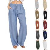 Cotton Linen Pants Casual Loose Solid Elastic Waist Pocket Straight Trousers Ladies Oversize Wide Leg Pant Streetwear