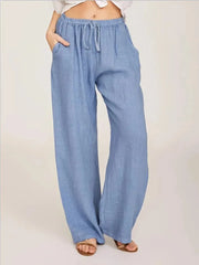 Cotton Linen Pants Casual Loose Solid Elastic Waist Pocket Straight Trousers Ladies Oversize Wide Leg Pant Streetwear