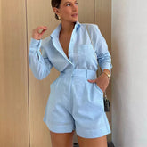 Long Sleeve 2 Pieces Sets Casual Simple Button Pockets Short Pant with Shirts Tops Suit Outfits