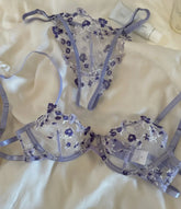 Light purple thin cups lingerie embroidered flowers lace sexy Underwear