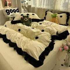 Ins Pink Bow Bedding Set Ruffles Duvet Cover Set Flat Sheet Set Girls Princess Bed Linen Set Single Twin Queen Bedclothes