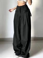 Black High Waist Wide Leg Suit Pants Pleated Front Side Tie Detail Loose Fit Casual Streetwear Trousers