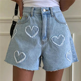 Korean Y2K High Waist Jorts LOVE Heart Shaped Pattern Denim Shorts Casual Jeans Chic Straight Washed Pants