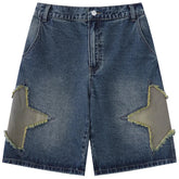 Star Patch Denim Shorts BF Style Loose Versatile Wide Leg Half Pants High Waisted Straight Leg Pants