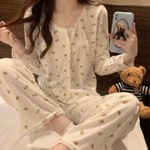 Floral Long Sleeve Fitting Sleepwear Two-piece Set Lace Trim Cotton Pajama Cute Casual Outable Home Suit Set