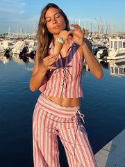 Striped Lace Up Vest Pants Set Sleeveless Backless Slim Lady Top Sets Straight Casual Pant Suit