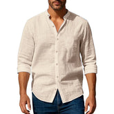 Chemise en coton et lin pour hommes, col Henley, couleur unie, légère, respirante, coupe cintrée, simple boutonnage, manches longues, boutonnée