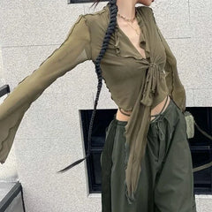 Long Flare Sleeve Sweet Girls Korean Blouses