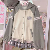 Japan Subculture Hooded Sweatshirt Single Breasted Long Sleeve Patchwork Coat Preppy Style Sweet Fall Casual Outwear