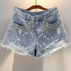 Y2K Distressed Diamond Tassel Blue Short Jeans Ripped Loose Wide Leg Denim Shorts Korean Casual Shorts