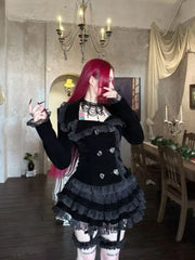 Gothic Palace Style Lace Black 2-piece Set High Street Darkly Slim Patchwork Cross Cake Skirt Suit Y2k Girl Outfits