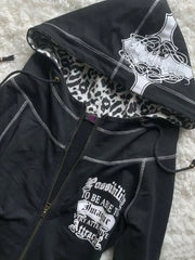 Y2k Harajuku Retro Leopard Black Sportswear Hip Hop Slim Fit Spicy Girl Retro Multi Functional Hoodie Gothic Punk Zipper Hoodie