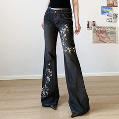 -Floral Embroidery Jeans Vintage 2000s Low Rise Flared Jeans Retro y2k Baggy Denim Pants High Street Basic Trousers