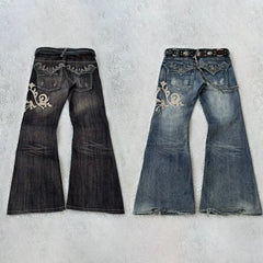Y2K American retro embroidery pattern horn -shaped jeans street Gothic slim mop pants jeans
