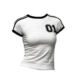 Y2K Trends White Crop Tops Streetwear Baby T-Shirt Short Sleeve Splicing Vintage Slim