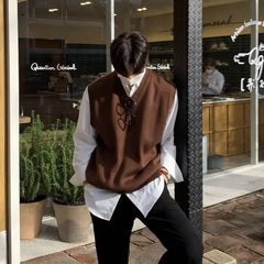 Acrylic Knitted Sweater Vest V-neck Sleeveless Golf Vest Korean Style Solid Color Loose Casual Casual Vest
