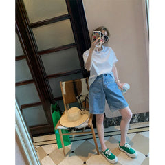 plus Size Denim Wide Leg Shorts Loose Fit Slimming Straight Cut Five-Quarter Trendy Blue Jeans Casual Shorts
