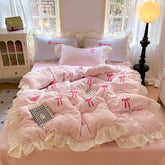 Korean Style Bedding Sets Pink Grid Bow Quilt Cover Romantic Bed Sheet Sets Girls Bedroom Duvet Cover 4pcs