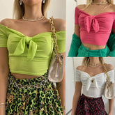 Off Shoulder Twist Bow Bare Midriff Short T Shirt Short Sleeves Bottoming Shirt Ladies Tee Shirt Tops Camisetas Mujer
