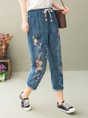 AmaxluluE Vintage Floral Loose Denim Pants Chinese Style Casual Ripped Blue Jeans Holes Elastic Harem Trousers