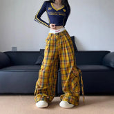American Style Streetwear Large Pocket Red Plaid Work Casual Pants Loose-Fit Wide-Leg Drag Pants