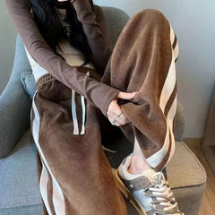 High Waist Thickened Fleece Lined Corduroy Pants Casual Straight Leg Trousers Color Block Stripe Design Trendy Long Pant