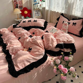 Ins Pink Bow Bedding Set Ruffles Duvet Cover Set Flat Sheet Set Girls Princess Bed Linen Set Single Twin Queen Bedclothes