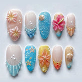 24Pcs Mid-length French Almond Press on Nails Tips with 3D Shell Flower Design Full Cover Fake Nails Art Datachable False Nails