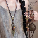Chinese Style Feather Leaf Pendant Necklace Vintage Ethnic Double Layered Long Wax Ropse Sweater Chain Jewelry Gift