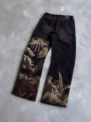 American loose jeans personalized bat pattern print street Y2K pants lazy jeans casual straight pants Harajuku retro street wear