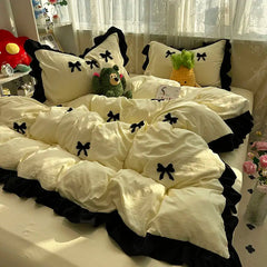 Ins Pink Bow Bedding Set Ruffles Duvet Cover Set Flat Sheet Set Girls Princess Bed Linen Set Single Twin Queen Bedclothes