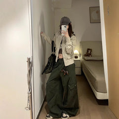 Retro Green Work Pants High Waist Wide Leg Loose Fit