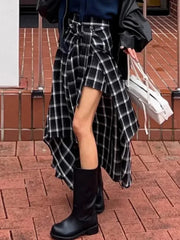 Korean Vintage Black Plaid Skirt Y2k High Waist Irregular Retro Skirt Chic Desing Sense All-match Clothes