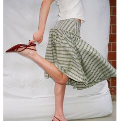 Vintage 2000s Plaid Skirts Casual Tie-Up Low Waist Tiered Ruffles Hem A-Line Midi Skirts Streetwear