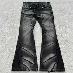 Y2k Flared Lace Up Jeans Retro Washed Paw Prints Double Waist Slim Fit Jeans Gothic High Street Wear Unisex Bootcut Jeans