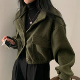Loose Woolen Coat Large Size with Pockets Small Stand Collar Long Sleeve Button Hong Style Clothing
