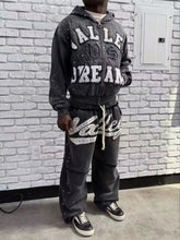 Y2K American Gothic Punk Sportswear Two Piece Set Unisex Hip Hop Rock Patch Print Loose Zip Hoodie Casual Sweatpants