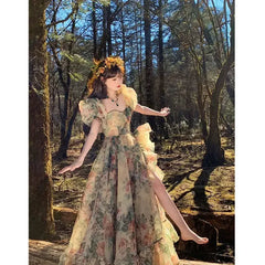 Floral Print Evening Party Dress Puff Sleeve Elegant Princess Long Dres Ladies France Vintage Open