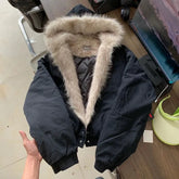 Elegant Liner Fur Loose Coat Y2k Fur Collar Hood Thick Parkas Casual Outerwear Cotton Padded Jackets