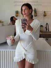 Weird Puss Chic Knot Dress V-Neck Long Sleeve Ruched Ruffled Hem Skinny Solid Elegant Birthday Simple Classic Mini Bodycon