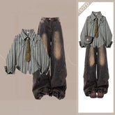 2PCS American Retro Pants Sets Striped Long Sleeve Casual Blouses Patchwork Button Punk Jeans Chic Two Piece Suits