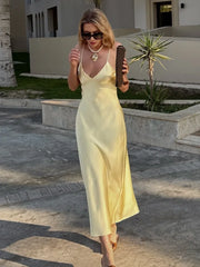 Yellow Elegant Stain Sling Dress Backless Sleeveless V Neck High Waist Evening Gown Chic Lady Partywear