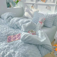 Princess Bedding Set French Style Wash Cotton Solid Color Seersucker SoftBed Sheet Set Comforter Set