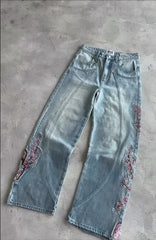 Cherry Blossom Knight All Embroidery Denim Pants Y2k Vintage Baggy Street Straight Jeans High Waisted Washed Blue Jean
