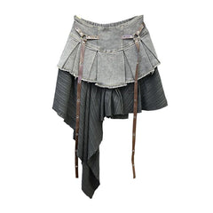 Retro Spliced Denim Pleated Skirt