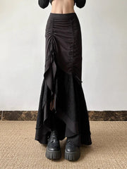Y2k Spicy Girl Skirts Solid Color Lace Patchwork Draw String Irregular Long Skirt Harajuku Design Streetwear Clothing