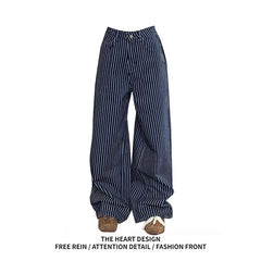 Y2K Vintage 90s Blue Striped High Waist Wide Leg Pants Long Loose Korean Trousers Full Length Bottom Jeans Pants